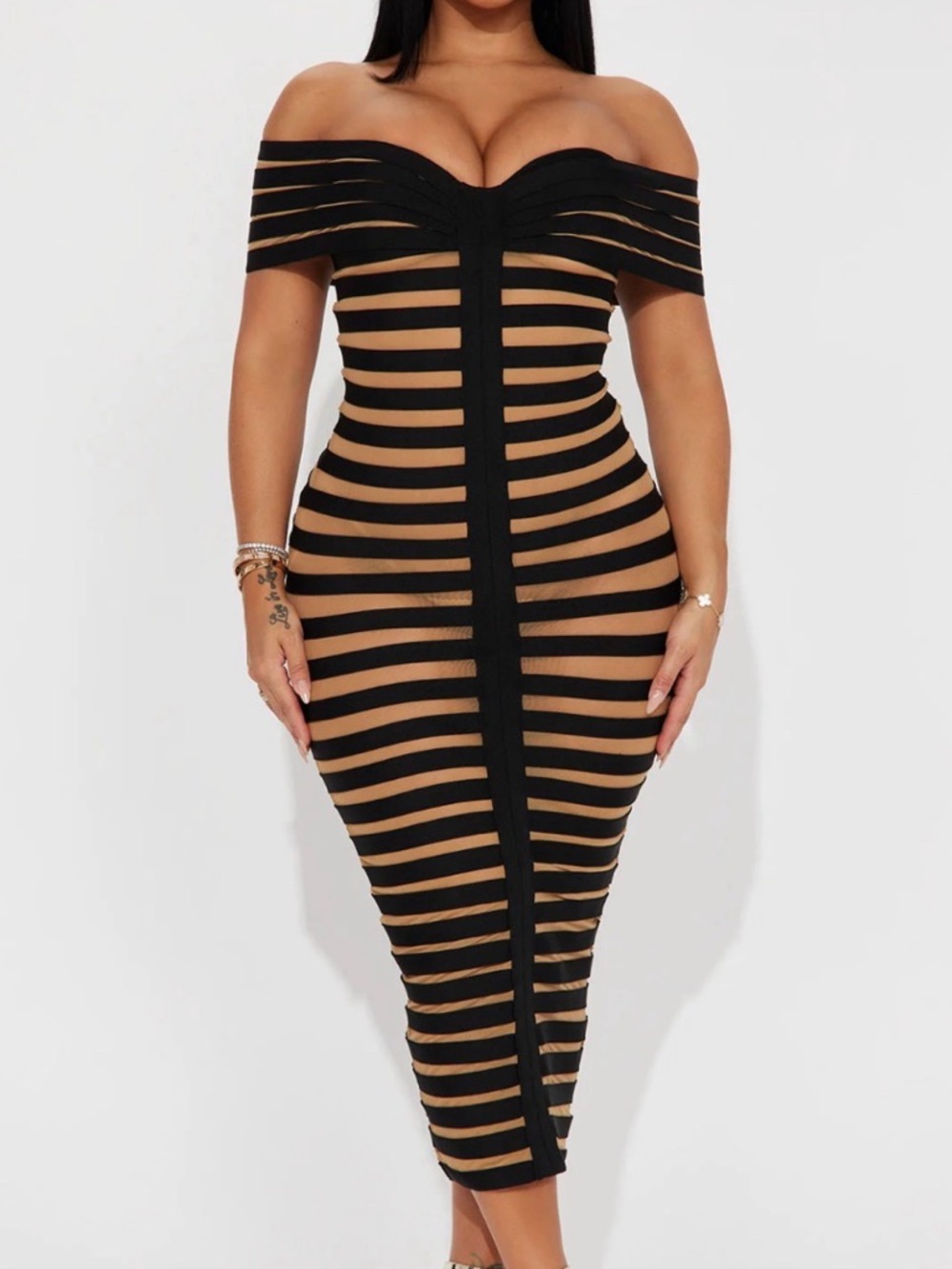 Fashion Nova Off-Shoulder Black & Nude Striped Midi Dress 3x
